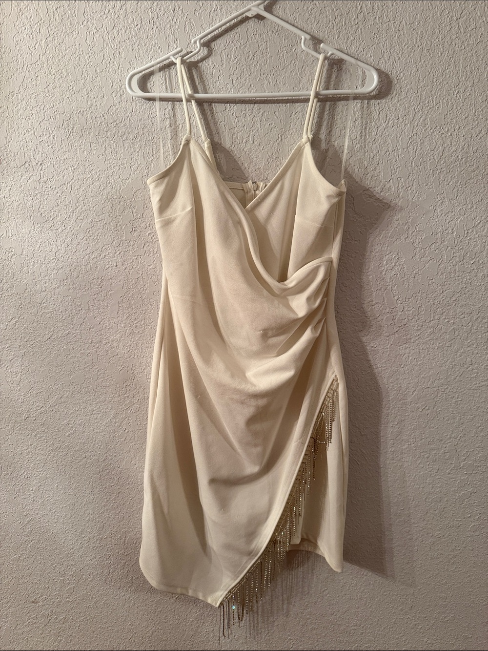 Almost Famous Cream Draped Mini Dress with Beaded Fringe